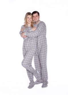 Checkered Grey Flannel Onesie Footed Pajamas for Adults